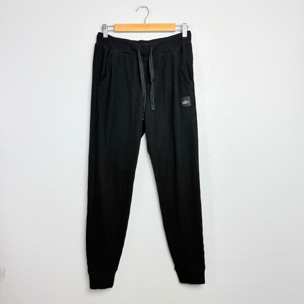 Alo Yoga Ribbed Knit Joggers Black Drawstring Lounge Pants Women Medium